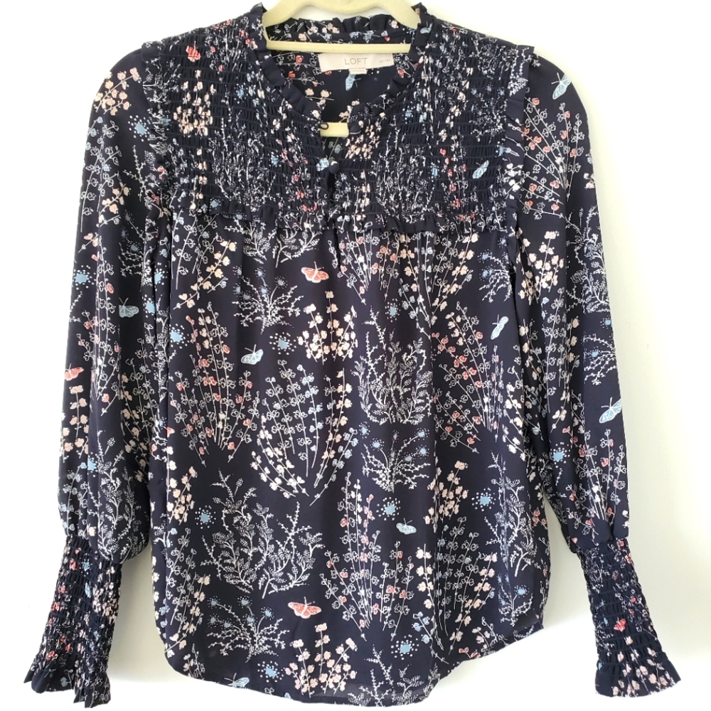 Flowy floral Loft top with smocking on sleeves and shoulders size XXSP